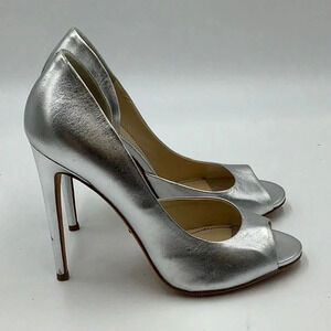 JEROME C. ROUSSEAU Metallic Silver Open Toe Heels